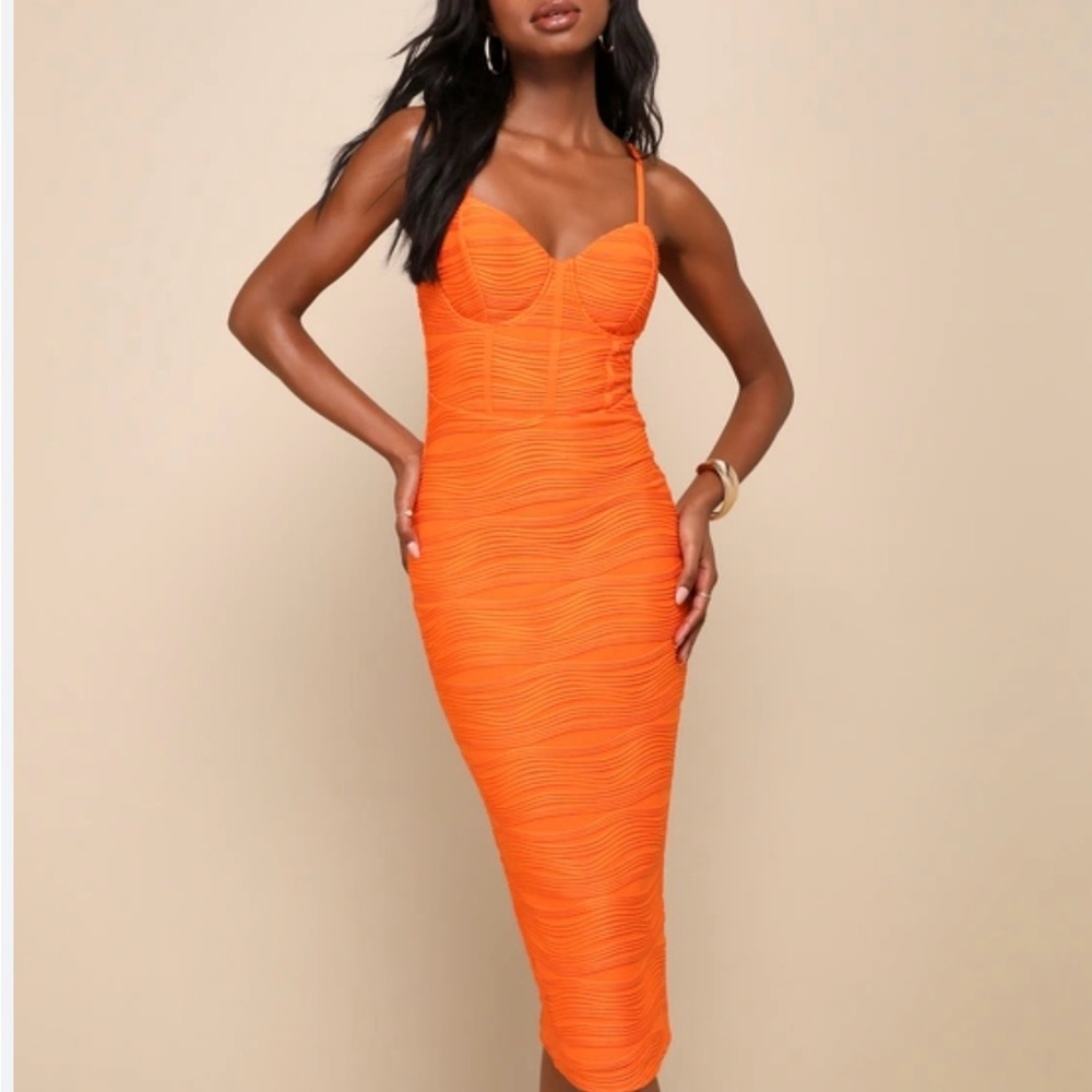 Lulu's Vibrant Orange Ruched Bodycon Midi Dress